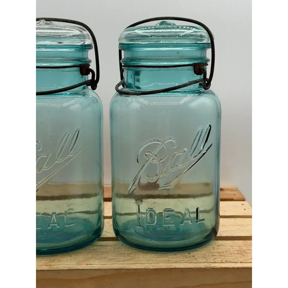 Vintage Ball Ideal Aqua Blue Quart Mason Jars - Lot of 2 - 7.75” Tall